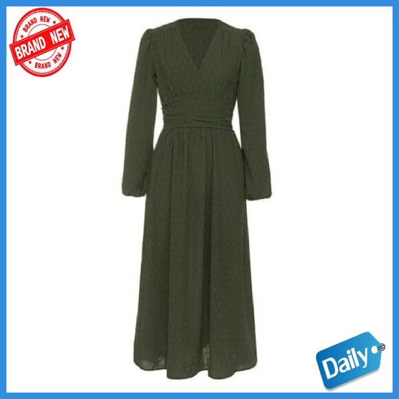 Swiss Dot Maxi Dress V-Neck Long Lantern Sleeves A-Line Flowy - Picture 8 of 8